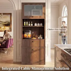 OMCHOM 71''Tall Kitchen Pantry Cabinet with Oversized Microwave Shelf & Coffee Station-Tall Extra Deep Storage Hutch, Fluted Acrylic Doors,Adjustable Shelves,Drawers, Anti-Tip,Walnut – Easy to Assemble, Built to Last