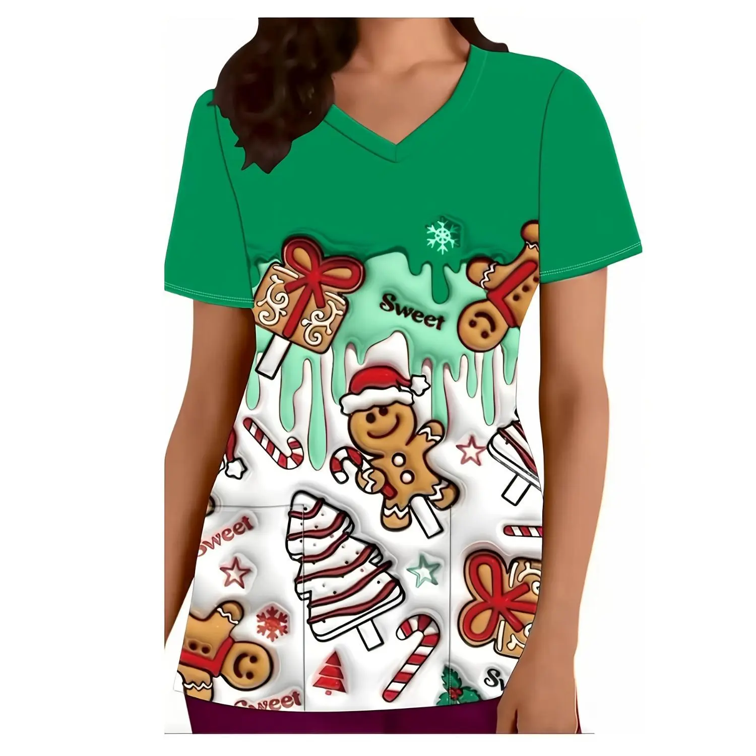 Women's Chic V-Neck Short-Sleeve Nurse Uniform with Adorable Red Christmas Candy Print and Functional Pocket