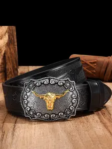 Men's Vintage Western Cowboy Belt, Western Concho Belts, Genuine Leather Bull Head Buckle, Retro Embossed Design, Unique Style Waistband for All Seasons