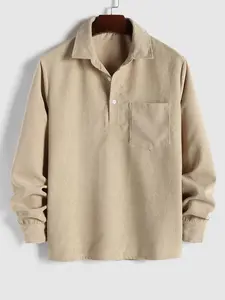 Men's Classic Solid Half Button Corduroy Shirt, Regular Fit Casual Long Sleeve Collared Top for Fall & Winter, Men's Clothes for Daily Wear