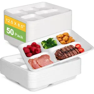 Compostable 5 Compartment Plates Disposable, 12.5 x 8.5 inch, [50-Pack] Heavy Duty Paper Plates with dividers, Sturdy School Lunch Trays, White Large Paper