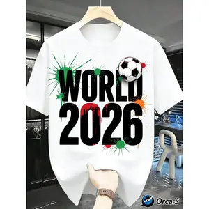 2026 Football Theme T-shirt |   Eye-catching Text with Red Splash Effect, Casual Crew Neck, Perfect for All-Season, Loose Fit