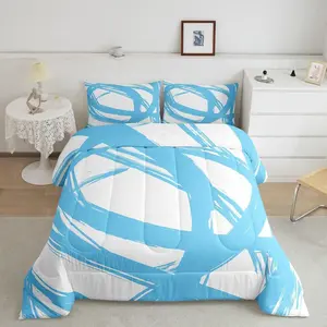Blue and White Abstarct Comforter Set for Kids Boys Girs,Graffiti Stripes Lines Bedding Set,Aesthetic Geometric Duvet Insert for Minimalists,Contemporary Boho Modern Art Quilt