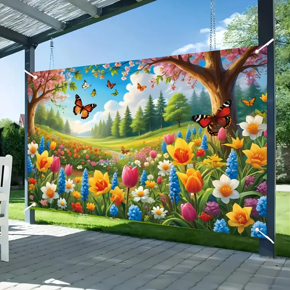1pc 2D Flat Polyester Standing Banner - Vibrant Spring Flowers & Butterflies Floral Print, Large Party Decoration Supplies, Wall Hanging Backdrop for Indoor/Outdoor Birthday Parties,summerwins