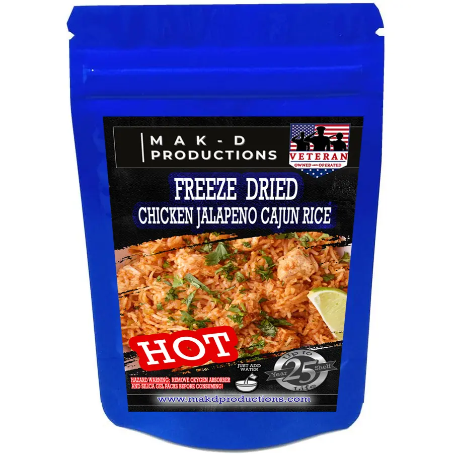 MAK D Productions - Freeze Dried Meal  - Chicken - Rice - Chicken Jalapeno Cajun Rice (HOT) - Gourmet Recipes by a Sullivan University (Louisville, Kentucky) Culinary Chef Graduate - NEVER BLAND TASTING - MADE IN THE USA