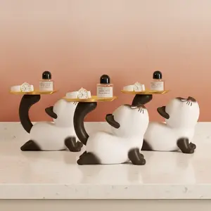 Siamese Cat Resin Tray Statue, Elegant Entryway Desk Organizer, Key Coin Jewelry Storage Candy Dish Decor