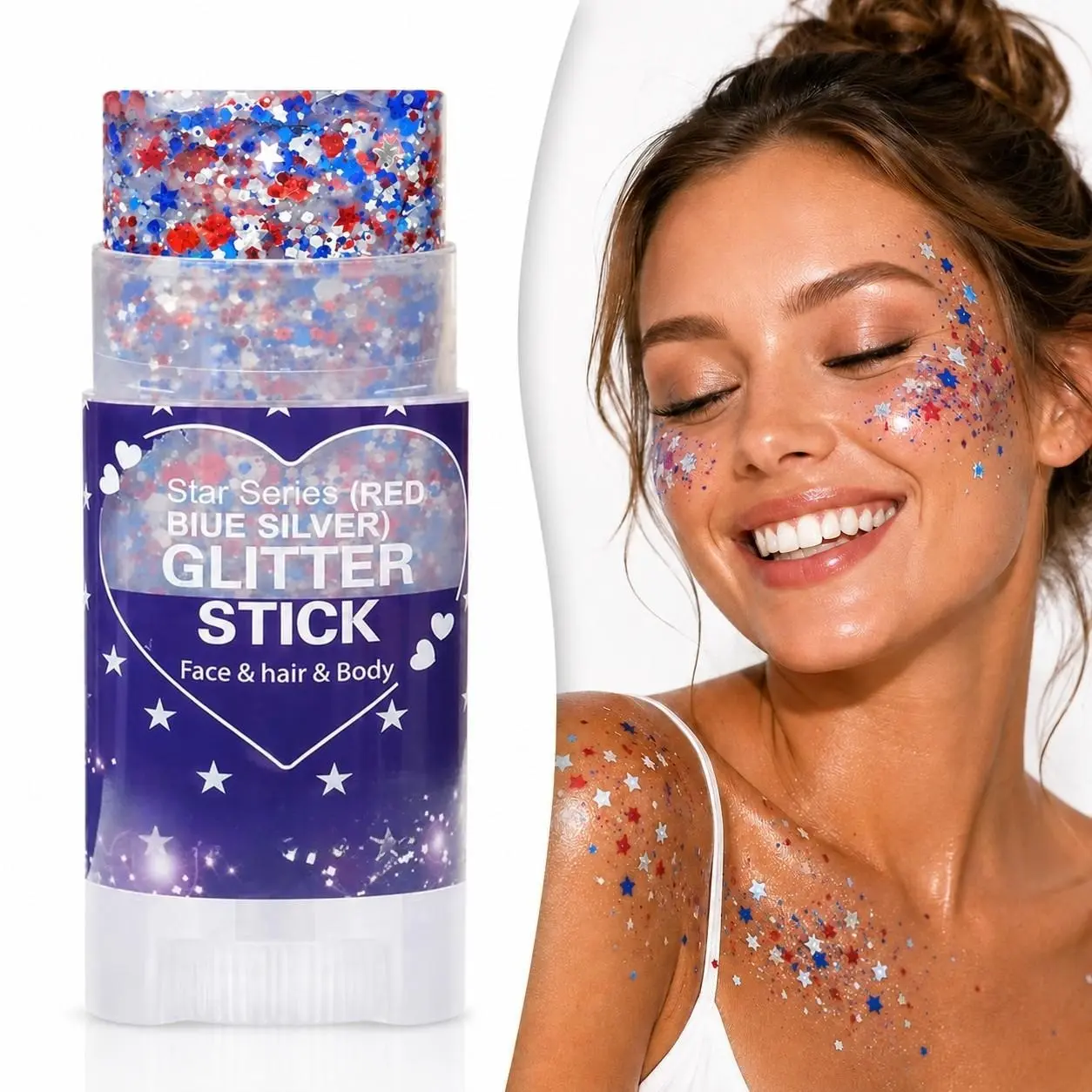 4th of July Red White Blue Face paint glitter stick, shimmering body glitter, patriotic American flag star shaped face body glitter, July 4th accessory, 250th anniversary decoration, Shimmering Body Makeup