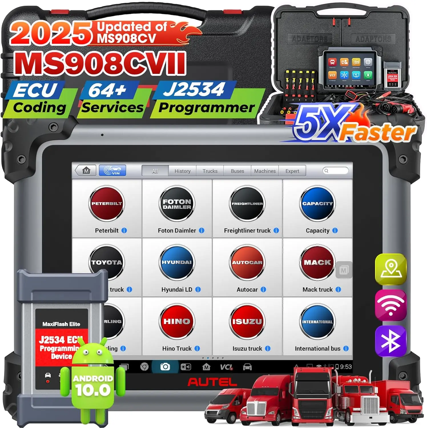 Autel MaxiSys MS908CV II Heavy Duty Truck Diagnostic Scan Tool With J2534 ECU Programmer, Coding, Active Test, 64 Service, Bluetooth Diesel Diagnostic Tool Upgrade of MS908CV, Same as MS909CV