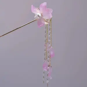 BLING EMPIRE Pink Blossom Tassel Hairpin, 16cm, with Flowing Chains, Ideal for Wedding Occasions