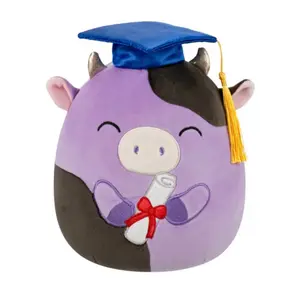 Squishmallows 8” Alexie Purple and Black Cow with Closed Eyes, Graduation Cap, and Red Bow