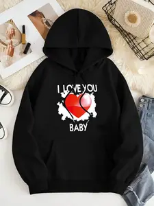 Women's Heart & Letter Print Thermal Lined  Hoodie, Fashion Casual Drawstring Pocket Hooded Sweatshirt for Daily Holiday Outdoor Wear, Women Clothing for Fall & Winter