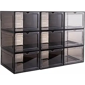 Large Clear Plastic Shoe Boxes - Stackable Shoe Organizer with Magnetic Door, Drop Front Display Box (9 Pack, Clear Black)