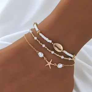 Women's Boho Style Starfish & Shell Decor Anklet, Fashionable Beaded Anklet for Beach Party Vacation, Elegant All-match Fashion Accessories for Daily Wear, Trendy Jewellery Accessories