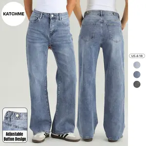 KatchMe Women's Basic High Waist Multi-Pocket Adjustable Button Wide Leg Jeans, Simple Style Stretchy Denim Trousers for Daily Wear, Versatile Women's Bottom