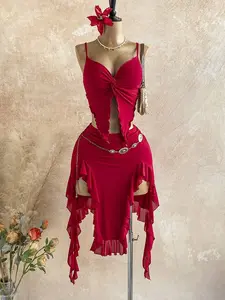 WYWH 2pcs Women's Vacation Sexy Twist Camisole & Asymmetric Ruffle Hem Skirt Set  New Year Dress Elegant Dresses For Party Red Dress  Elegant Dresses For Party Red Dress For Women