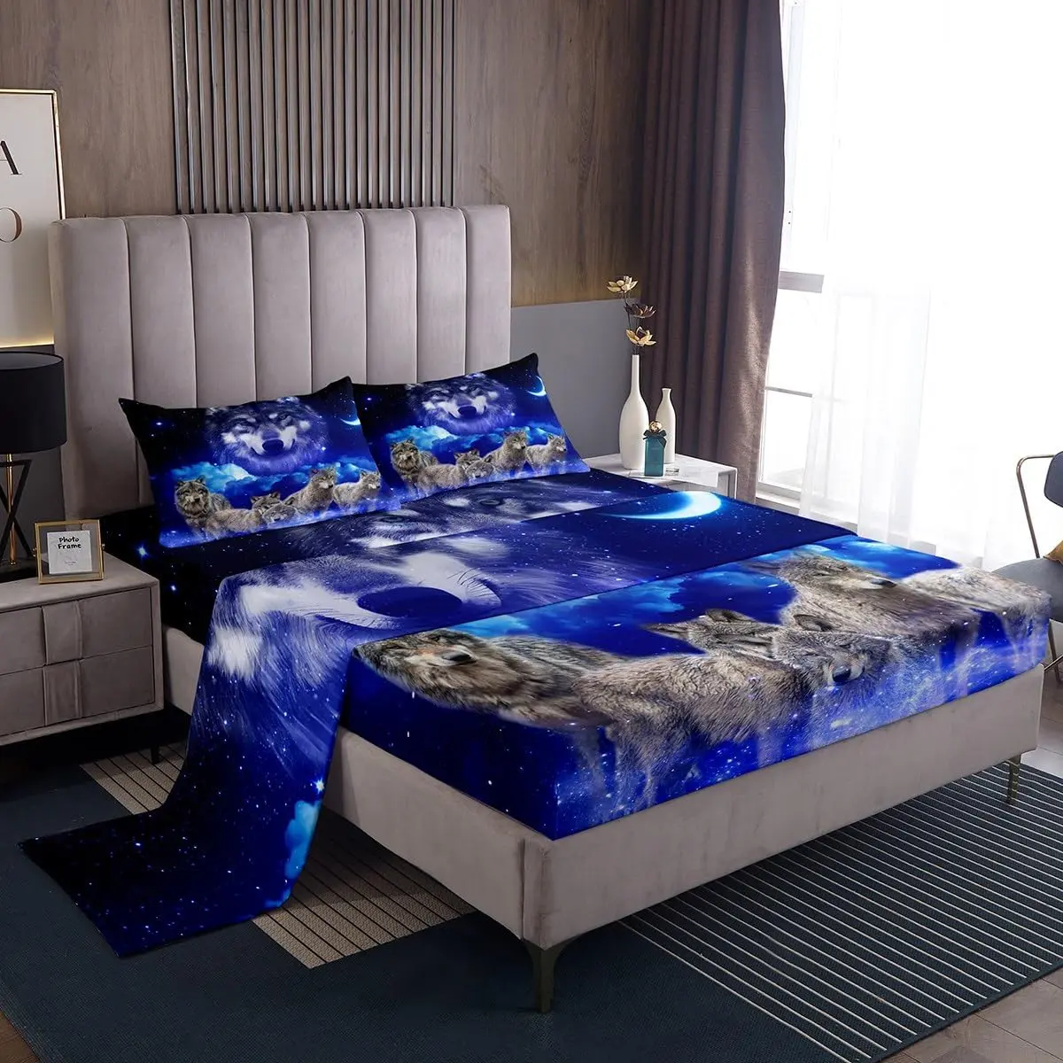 Grey Wolf Bed Sheet Set Piece,Navy Blue Starry Night Galaxy Moon Fitted Sheet 1 Flat Sheet,Wildlife Animal Theme Bedding Set Bedroom Decor