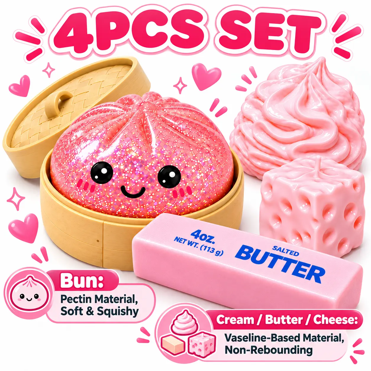 Pink Food Squishy Toy Set, 4PCS with Glitter Bun, Cream, Butter Stick and Cheese, Soft Pectin Bun and 3 Non-Rebounding Pieces for Desk Fidget Play, Cute Gifts for Teens and Adults, Birthday Surprises, Christmas Presents and Aesthetic Room Displays