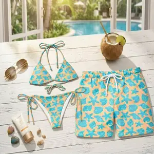 [Hot Summer 2026] - Turquoise Seashell Starfish Couple Set, Matching Bikini & Men Shorts Beach Design