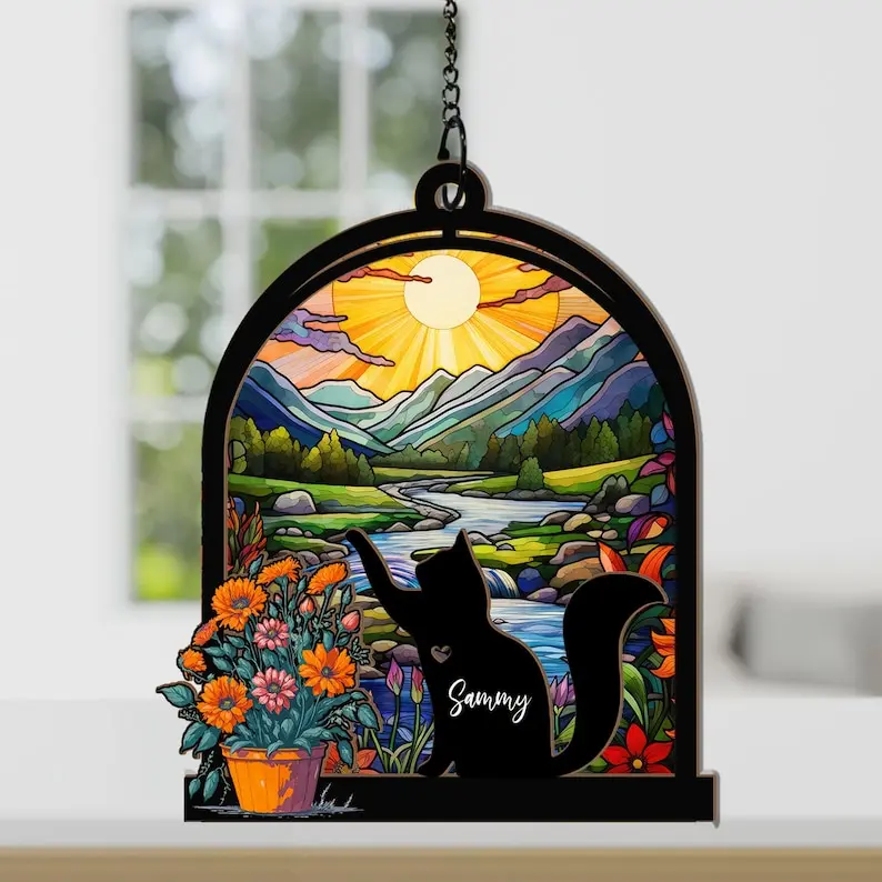 Pet Memorial Suncatcher, Pet Remembrance Gift, Loss of Pet Sympathy Gift, Handmade Custom Name Cat Decor, Cat Memorial Gift, Cat Loss Gift