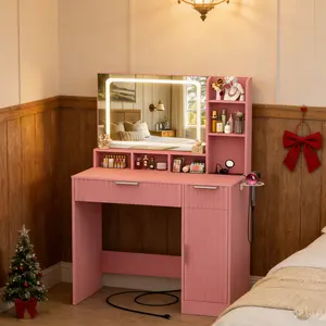 Luxurious Vanity Desk with LED Mirror and Lights, Makeup Table with Power Strip, 6 Shelves, 2 Drawers and Storage Cabinet, Fluted Panel Design for Bedroom