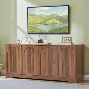 Giratree 62.2" Tall TV Stand for TVs Up to 70", Mid Century Entertainment Center with 4 Arched Fluted Doors, Wood Media Console Cabinet with Cable Management for Living Room & Bedroom
