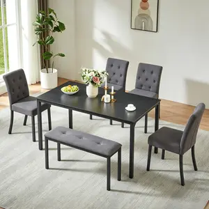 5-piece dining set, including 1 dining table, 2 padded dining chairs, and 2 benches; a space-saving rustic-style dining set suitable for dining rooms and kitchens,Gray and Black