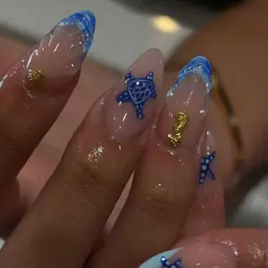 24pcs French Almond Press-On Nails, Blue Sea Star Turtle Whale Shell Design, 3D Gel Shell, Summer Manicure Essential, Includes Glue and File