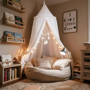 Bed with Pom Pom Cotton for Kids Crib Baby Girl Netting Cover Crib Reading Nook Tent Nursery Play Game Room Decoration (White)