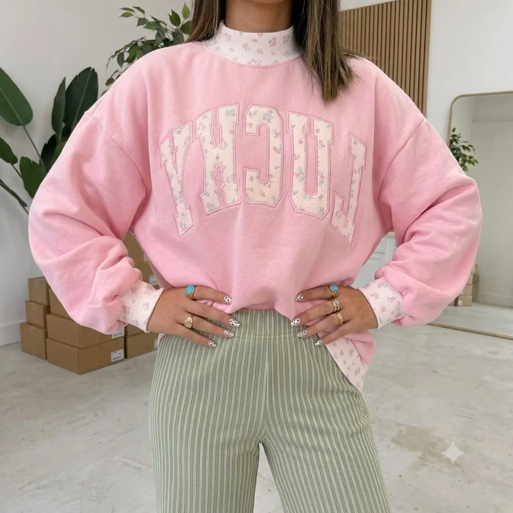 Phefee Women's Casual Pink High Neck Floral Patch Embroidery Long Sleeve Sweatshirt, Oversized Letter Graphic Pullover Top, Cozy Daily Fall Outerwear Fabric Soft Womenswear Fit Hoodie Loose Print Style Varsity Cotton Cute Embroidered Polyester Fleece
