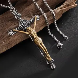 Two tone Jesus Cross pendant necklace with vintage distressed craftsmanship for both men and women, featuring a religious style presence. Men's religious necklace with vintage style and durable cross tarnish proof jewelry