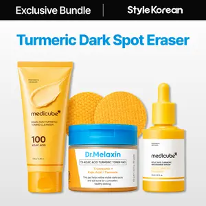 [StyleKorean] Turmeric Dark Spot Eraser Trio Set (Dr.melaxin Kojic Acid Tumeric toner pads, Medicube Toning Whip Cleanser, serum)