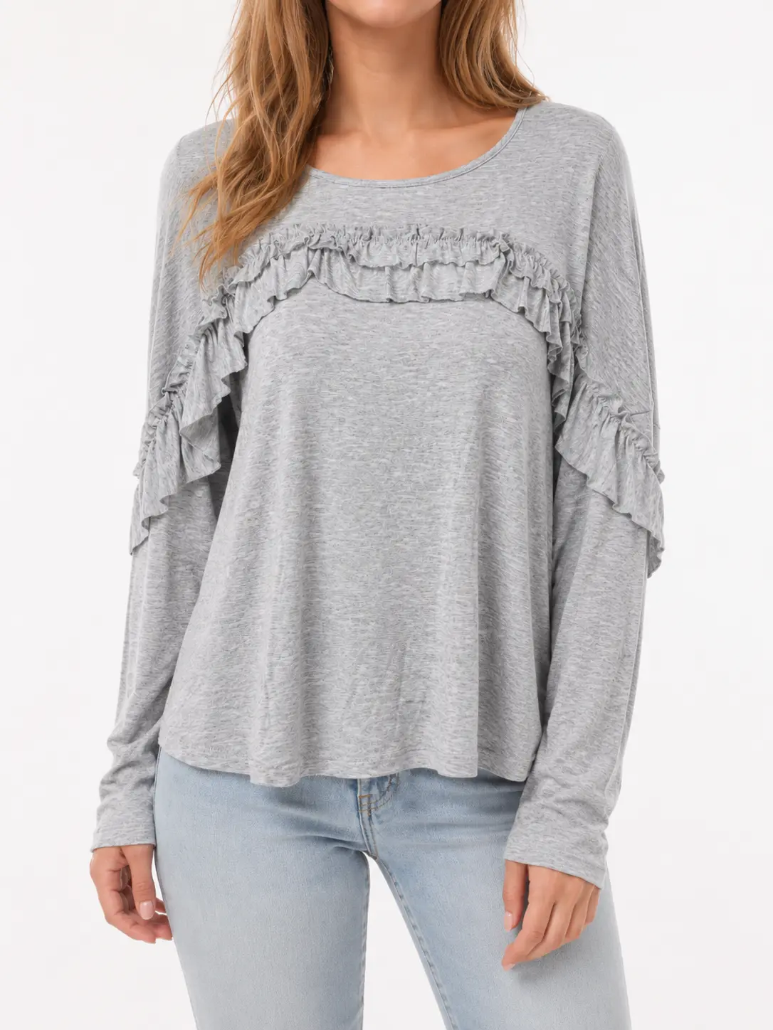 Grey Ruffle Detail Long Sleeve Top – Relaxed Casual Blouse
