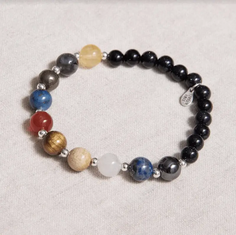 Tiny Rituals 9 Planet Gemstone Energy Beaded Crystal Bracelet, Space-Themed Design with Blue Goldstone, Aquamarine for Uranus