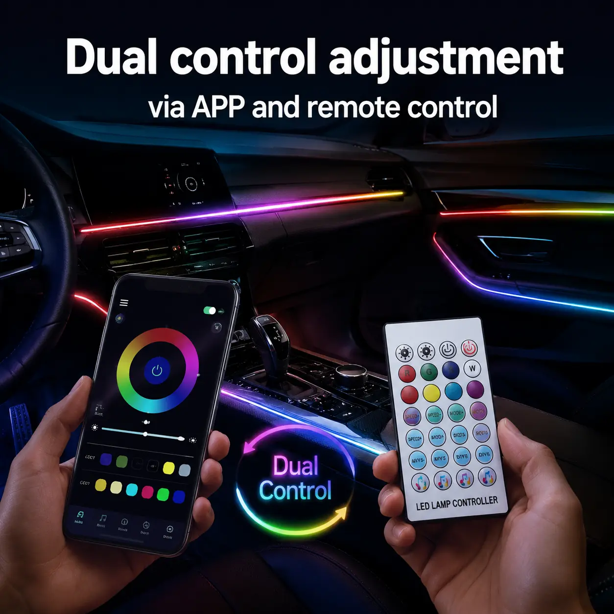 Smart LED Interior Car Lights, USB Powered RGB Car Ambient Lighting with App Control & Music Sync, DIY Mode 110cm+110cm 2-in-1 Design, Multi-Color Decor for Cars Trucks, Gift for Men & Women