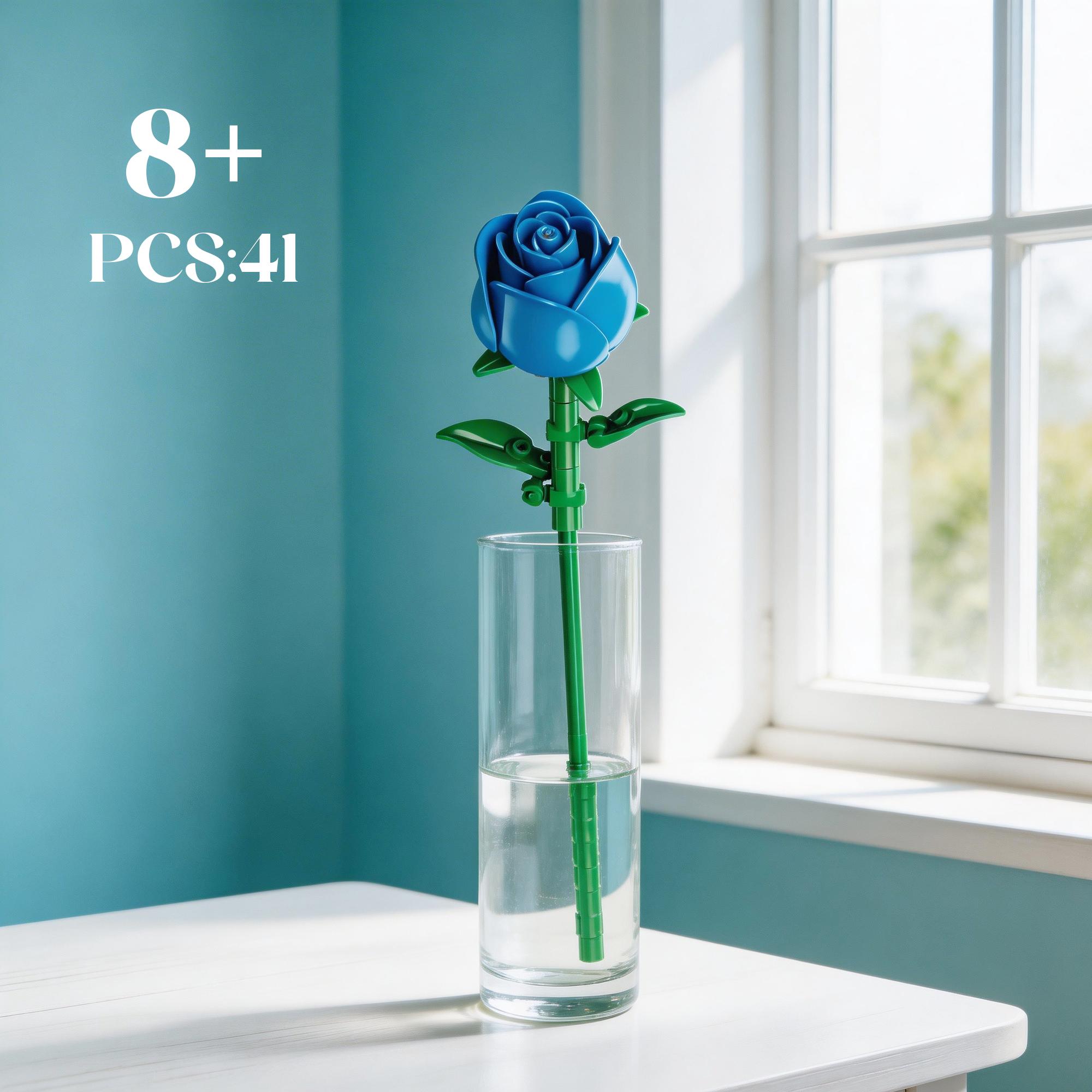 Eternal Blue Rose Building Set (41 Pcs) - Everlasting Flower Bouquet, Modern Aesthetic Room Decor, Creative Gift for Women, Teens, Mom & Adults, Desktop Art Toy, Mother's Day Gift 8+