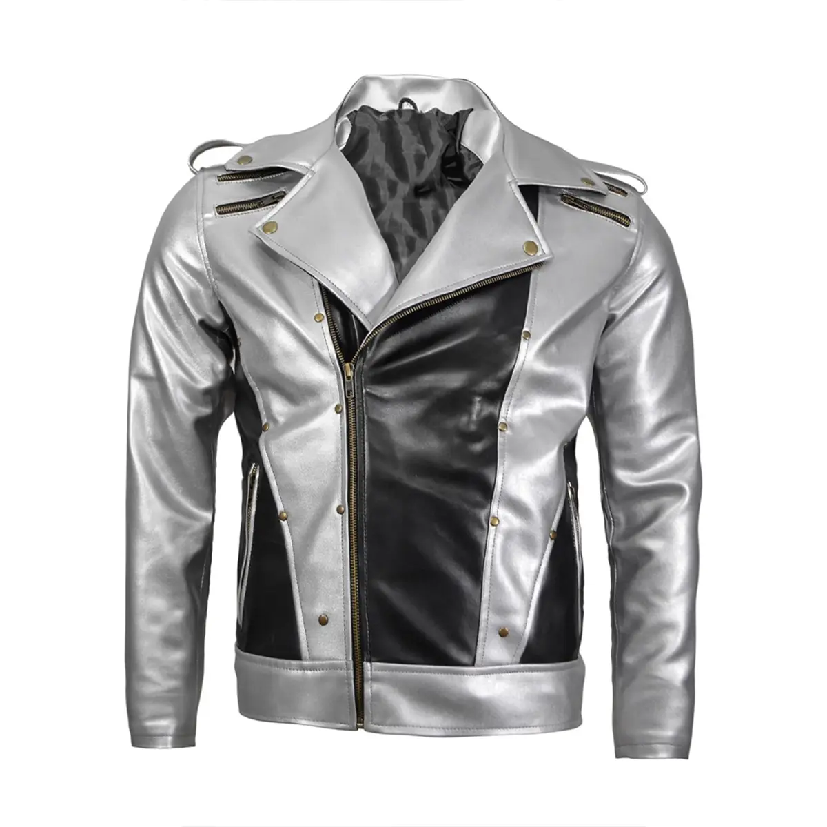 Metallic Silver and Black Motorcycle Jacket, Leather, Asymmetrical Zipper Design by Hide Crafts