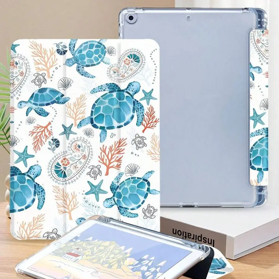 Cute Blue Sea Turtle Ocean Starfish Coral Pattern Protective Tablet Case, Fits iPad 9/8/7/air 5/4-Pro 11/10th Gen, Anti-Drop Protection, Women Girls