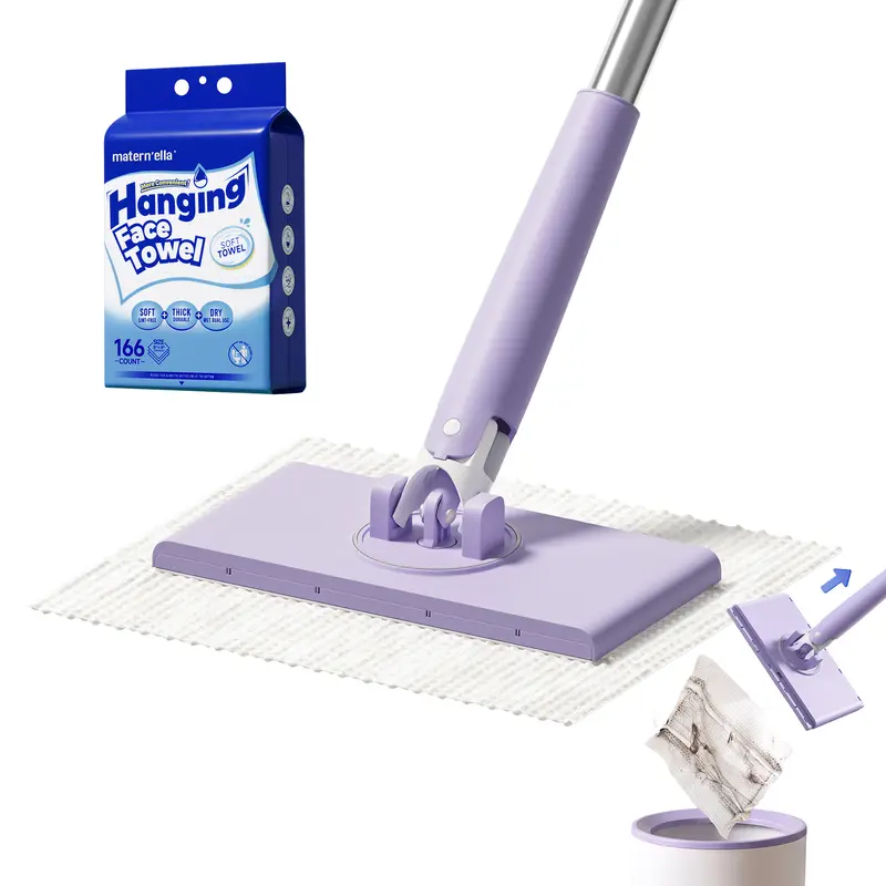 Matern'ella 2-in-1 Plant-Based Biodegradable Face Towel & Mop Set - 166 Counts with Snap-Grip Mini Mop, Gentle, Absorbent, Cleaning, Household, Zero Waste, Tear-Resistant, Lint-Free, Wet & Dry Use