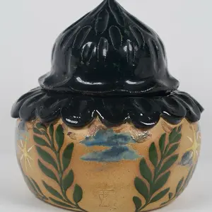 Ceramic Wishing Jar - Decorative Black Lid, Floral Design, Ideal for Wishing, Ideal for Gifts and Decor - Bottles, Tin