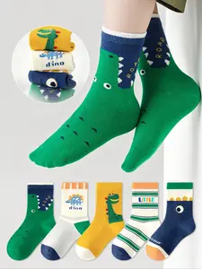 5 Pairs Kids Socks Cartoon Dinosaur Design, Unisex Mid-Calf Casual Daily Wear, Trendy Baby Boys Girls Footwear