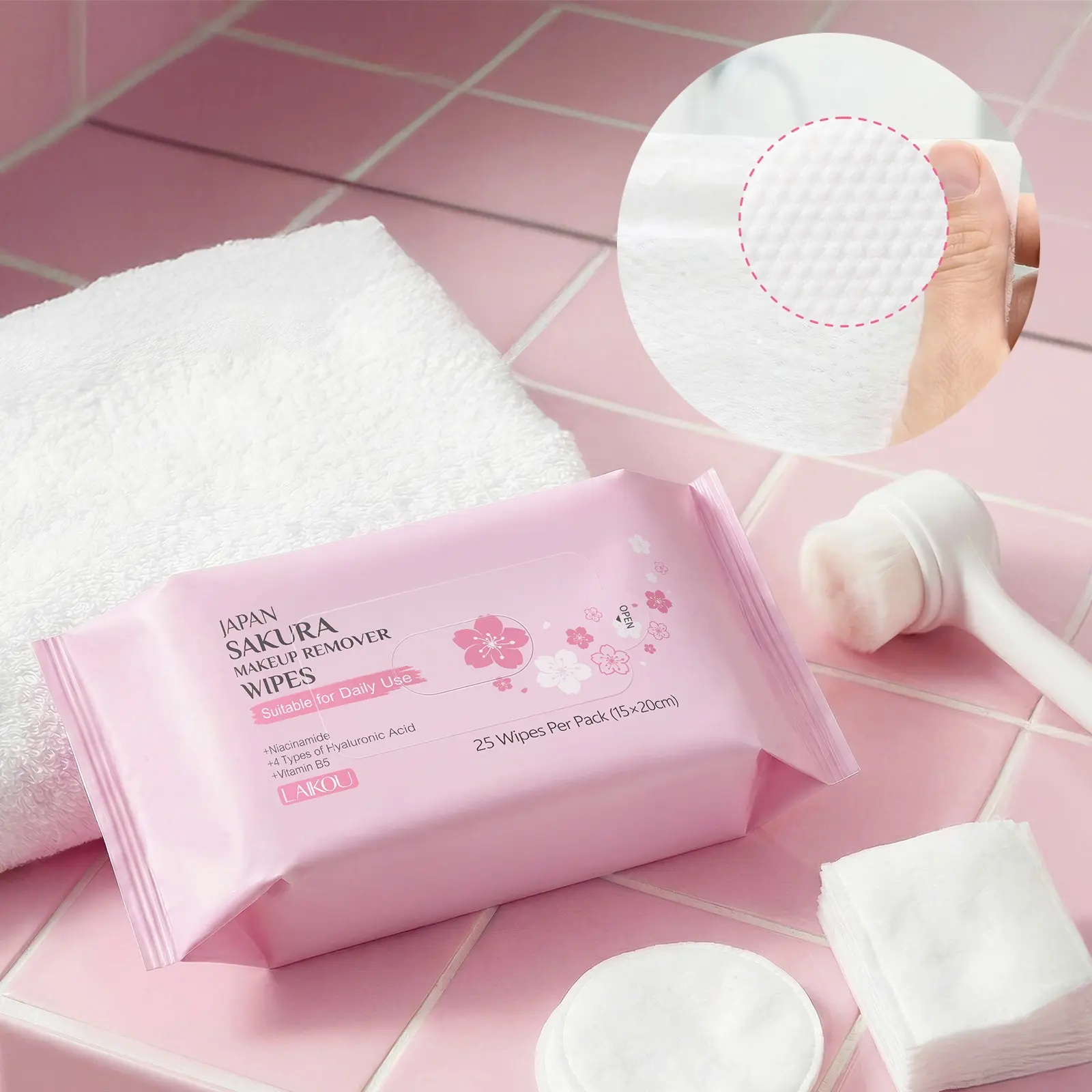 Laikoy Sakura Makeup Remover Wipes, Makeup Removal Wipes, Makeup Remover Towelettes, Gentle Daily Facial Cleansing Wipes, Facial Wet Wipes for Face & Eye, Mild Cleansing for All Skin Types