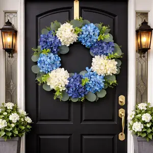Blue Hydrangea Wreath Door Hanger, Artificial Flower Vine Circle Decor, Home Front Door, Garden Courtyard, Wall Decoration, Wedding Party Gift