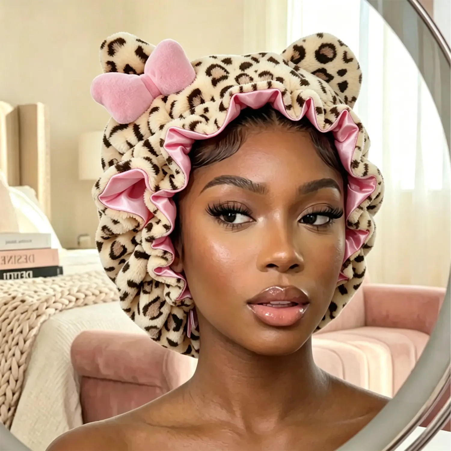 Leopard Luxury Kitty Teddy Bonnet - Adjustable, Stylish & Durable Haircare Bonnet with Satin Lining, Cute Ears, Frizz Protection & Curl Care for Daily Use, Halloween, Heatless Curls, Adjustable Strap, Curl Protection