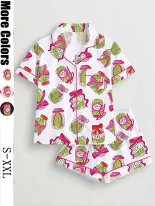 Women's Sleepwear Loungewear Set, Cucumber Can Print Short Sleeve Shirt & Loose Elastic Shorts, Casual Fashion Daily Wear, Holiday Party