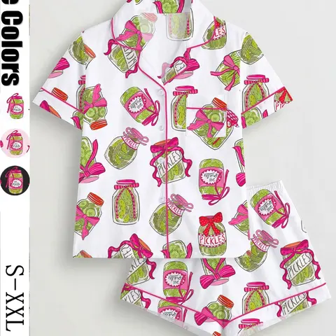 Women's Sleepwear Loungewear Set, Canned Cucumber Print Short Sleeve Shirt and Loose Elastic Shorts, Casual Daily Wear for Pajama Party