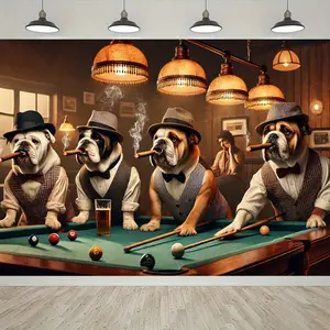 1pc Bulldog Billiard Party Banner - Vintage Pub Theme with Formal Bulldogs & Pool Table Design, Durable Polyester Backdrop for Birthdays, Weddings, Anniversaries, Graduations, Garden & Indoor Events - No Electricity Needed, Billiards Decor Size