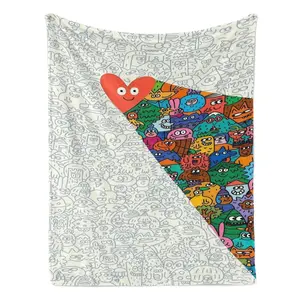 Cute Cartoon Split Doodle Heart Colorful Monster Print Flannel Blanket Soft Comfortable Warm Throw Plush Blanket Graffiti Aesthetic Decor Bedroom Couch Nap Blanket Giftable Funny Doodle Print Blanket For Room Party Day Gift Popular Home Blanket