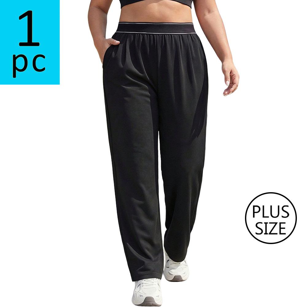 Plus-size women’s athletic casual pants with an elastic waistband and straight legs; solid color, versatile running/fitness/jogging pants; plus-size black straight-leg pants; medium stretch woven fabric; suitable for everyday wear and as a holiday gift.