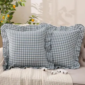 Blue Gingham Throw Pillow Covers 100% Washed Cotton Like Linen Feel Soft Comfy Ruffle Farmhouse Decorative Pillow Cases Set of 2 for Couch Sofa Bed 20x20 Inches Zipper Closure