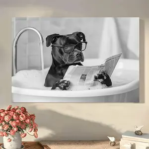 One piece, vintage style wooden frame canvas oil painting, Bull Terrier in the bathtub with newspaper, 11.8x 15.7inch framed wall art, perfect home decoration, ready to hang in the bedroom, ideal holiday gift